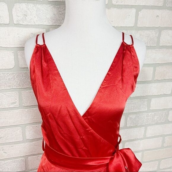Vtg Handmade Red Satin Wrap Evening Dress Q25 - Picture 3 of 8